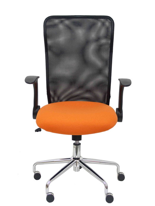 Chaise Minaya Mécanisme d'inclinaison tissu Orange Maille Noir Structure chromée Accoudoirs relevables Sans appui-tête Roulettes en nylon 50 mm