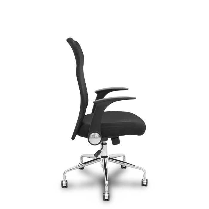 Chaise Minaya Mécanisme d'inclinaison tissu Noir Structure chromée Accoudoirs relevables Sans appui-tête Roulettes en nylon 50 mm