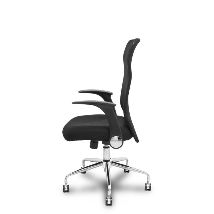 Chaise Minaya Mécanisme d'inclinaison tissu Noir Structure chromée Accoudoirs relevables Sans appui-tête Roulettes en nylon 50 mm