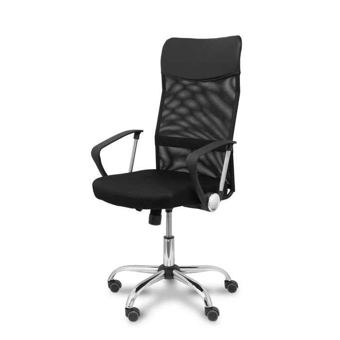 Chaise Gontar Mécanisme d'inclinaison tissu Noir Structure chromée Accoudoirs fixes Sans appui-tête Roulettes pour moquette