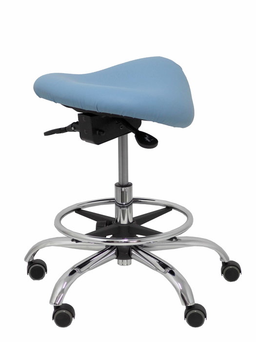 Tabouret Zarza Mécanisme d'inclinaison Cuir écologique Non applicable Maille Bleu clair Structure chromée Sans accoudoirs Sans appui-tête Roulettes pour moquette