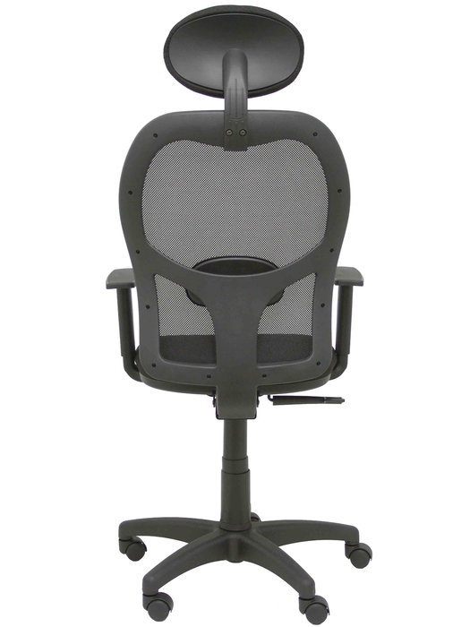 Silla de oficina Alocén con mecanismo Sincro tapizada con Tela color Negro. Equipada con lumbar 1D, Brazos 1D, Cabecero Fijo y Ruedas de nailon 50 mm