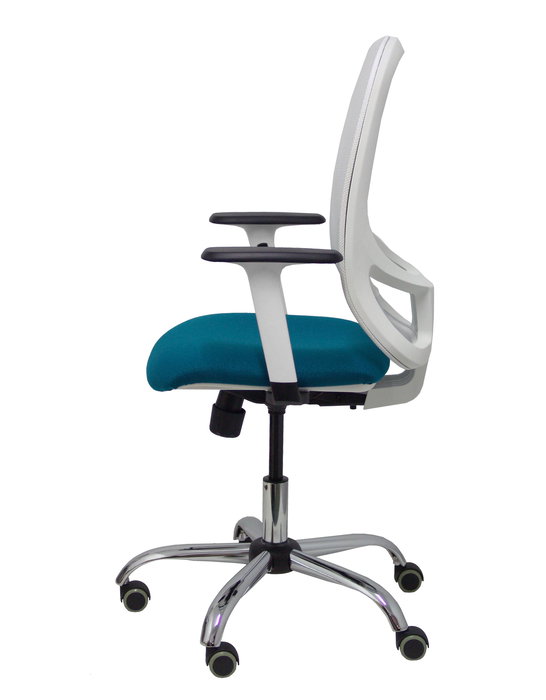 Chaise Cilanco Synchro 3 positions tissu Vert pétrole Maille Blanc Structure chromée Accoudoir 1D Sans appui-tête Roulettes pour moquette