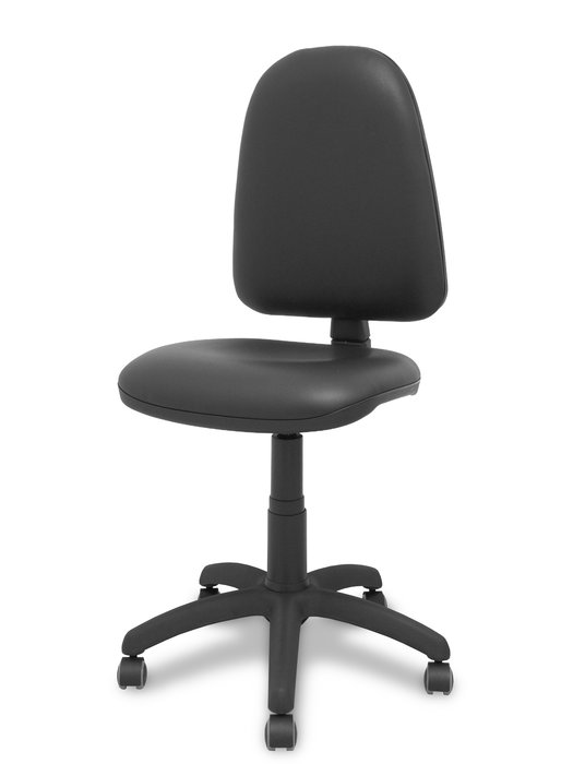 Chaise de bureau Aýna avec mécanisme Contact permanent de base, revêtue de simili cuir noir. Équipée d'une base en polyamide noir, sans accoudoirs et avec roulettes pour parquet.
