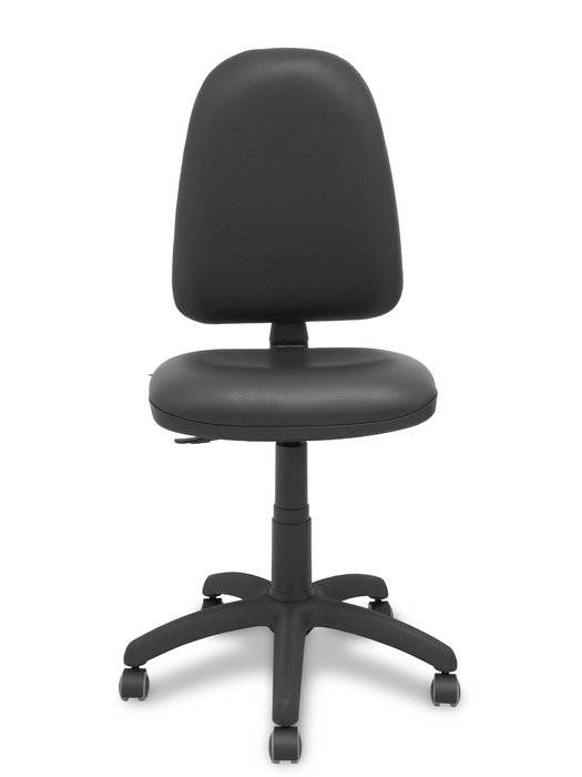 Chaise de bureau Aýna avec mécanisme Contact permanent de base, revêtue de simili cuir noir. Équipée d'une base en polyamide noir, sans accoudoirs et avec roulettes pour parquet.