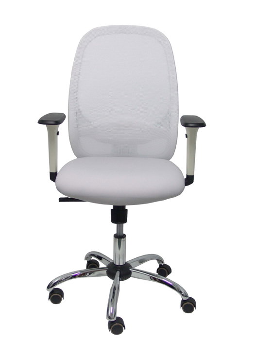 Chaise Cilanco Synchro 3 positions cuir écologique Blanc Structure chromée Accoudoir 1D Sans appui-tête Roulettes pour moquette