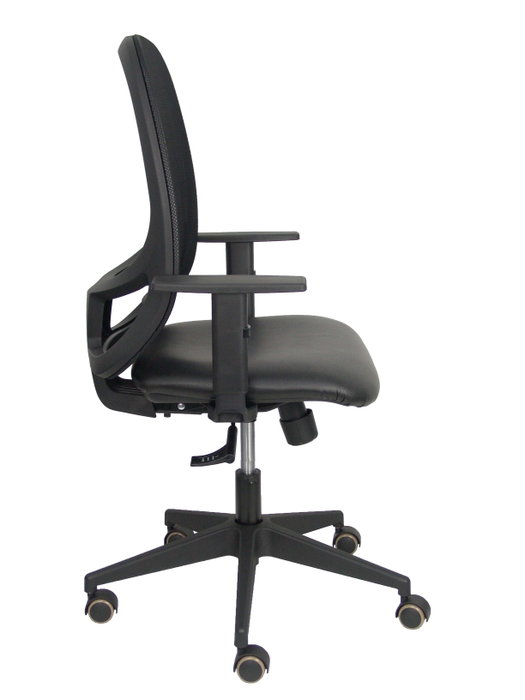 Chaise Cilanco Synchro 3 positions cuir écologique Noir Base en nylon noir Accoudoir 1D Sans appui-tête Roulettes pour moquette