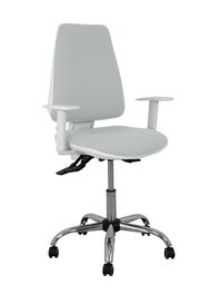 Chaise Elche Asynchrone Tissu Gris clair Structure chromée Accoudoirs blancs Sans appui-tête Roulettes pour moquette