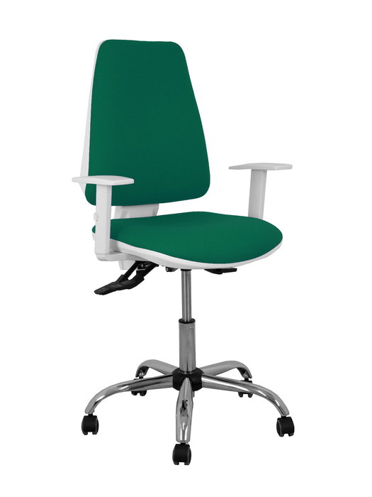 Chaise Elche Asynchrone Tissu Vert foncé Structure chromée Accoudoirs blancs Sans appui-tête Roulettes pour moquette