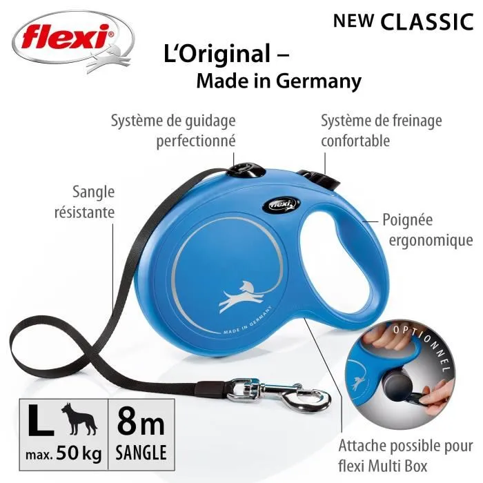 Flexi Laisse New Classic L Tape 8 m pour chien jusqu'à 50 kg avec LED Lighting System, bleu, Réf. CL30T8-251-BL-20