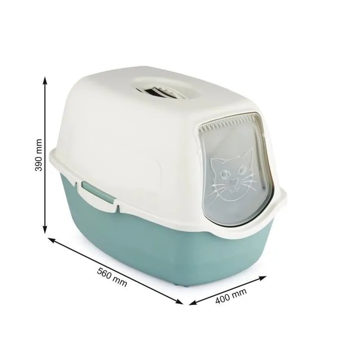 Maison de toilette pour chat avec porte battante, dimensions 56 x 40 x 39 cm, couleur vert d'eau et blanc, plastique recyclé