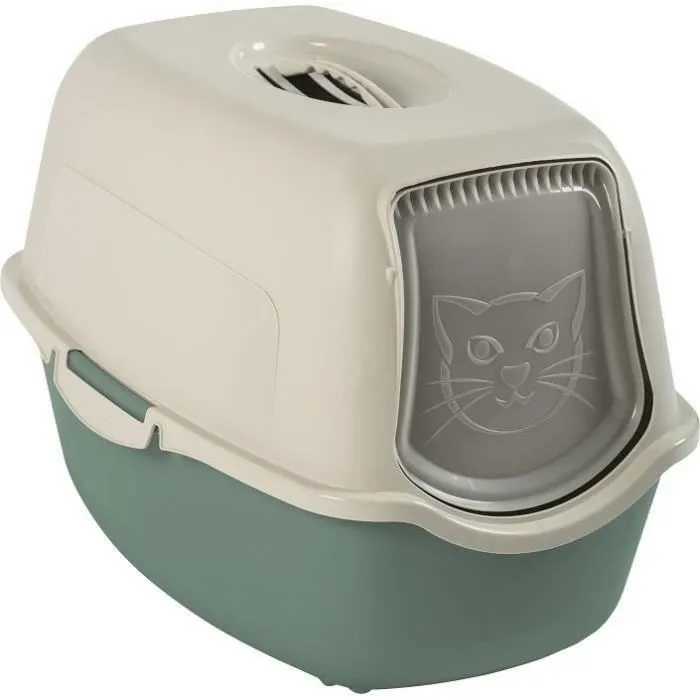 Maison de toilette pour chat avec porte battante, dimensions 56 x 40 x 39 cm, couleur vert d'eau et blanc, plastique recyclé