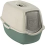 Maison de toilette pour chat avec porte battante, dimensions 56 x 40 x 39 cm, couleur vert d'eau et blanc, plastique recyclé