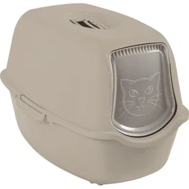 Rotho Mypet - Maison de toilette Cappuccino pour chat avec filtre à charbon, porte battante et poignée - Bac à litière large et profond en PP recyclé