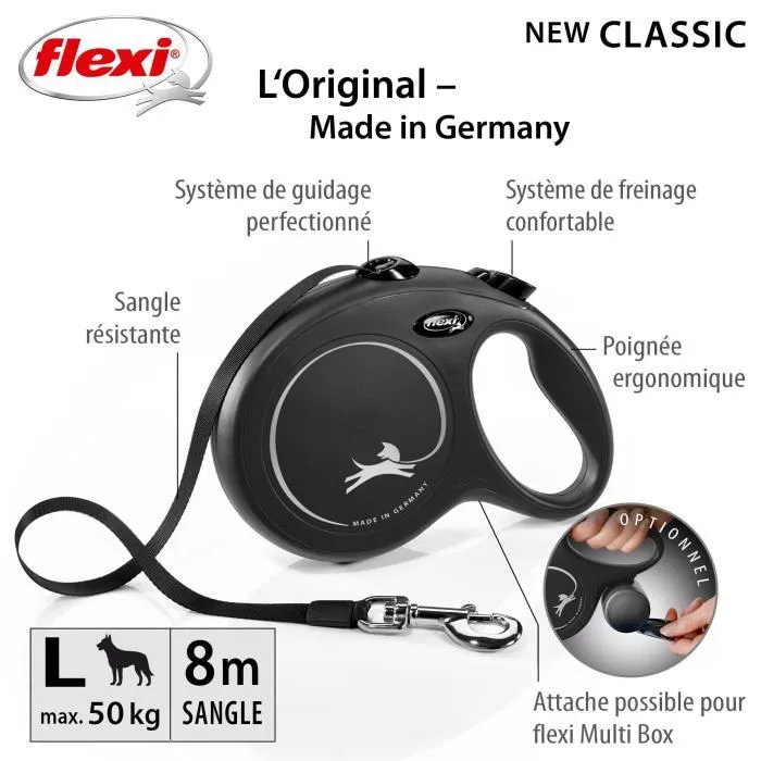 Flexi Laisse enrouleur New Classic L Tape 8 m noir pour chiens jusqu'à 50 kg - CL30T8-251-S-20 - Système de guidage perfectionné