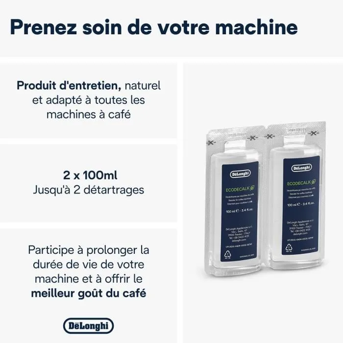 Delonghi DLS C200 Détartrant EcoDecalk Mini 2 x 100 ml pour Machines à Café - 2 ans de garantie