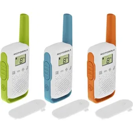 Motorola T42 - Lot de 3 Talkies-Walkies Rechargeables, 16 Canaux, Portée 4 km, Multicolores (Bleu, Vert, Orange) avec Indicateur Lumineux