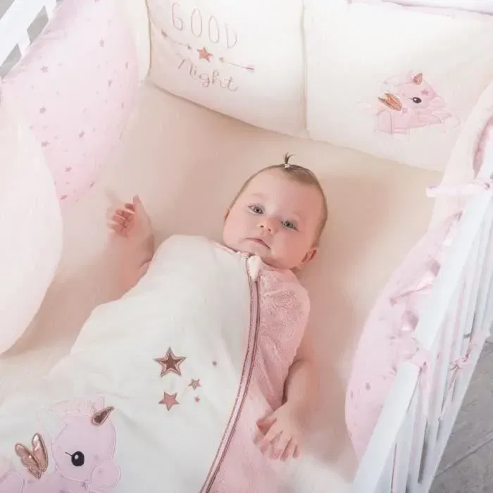 Domiva Tour de lit bébé Jolly en microfibre polyester 100%, 3 panneaux adaptables 30x180 cm, blanc et rose, pour lit 60x120 et 70x140 cm