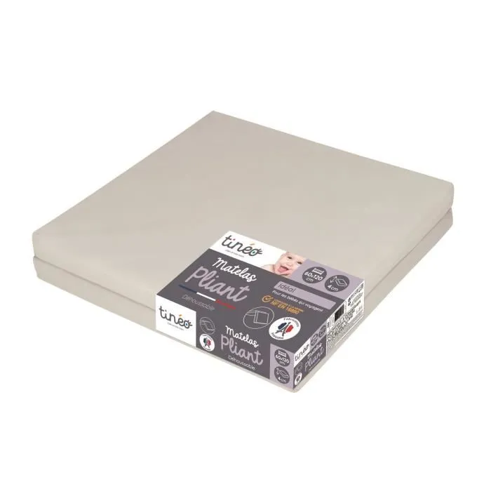 Tinéo Matelas Pliant Bébé 60x120 cm 2 Parties Couchage d'Appoint Démontable 4 cm Garnissage Polyester Fabriqué en France