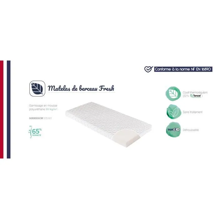 Candide Matelas de berceau Fresh Tencel 50x83x5cm - Antiacariens, antibactérien, thermorégulant - Pour nuits paisibles et température idéale