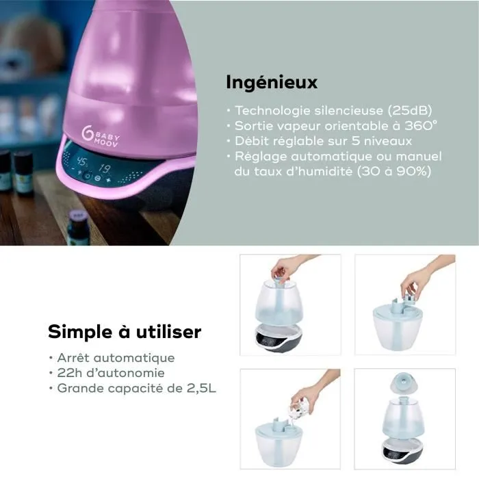 BABYMOOV Hygro Humidifier (+) - Humidificateur Bébé Mixte, Ajustement Humidité (30-90%), Vapeur Froide 360°, 5 Niveaux, Diffuseur Huiles Essentielles BABYMOOV Hygro Humidifier (+) - Humidificateur Bébé Mixte, Ajustement Humidité (30-90%), Vapeur Froide 360°, 5 Niveaux, Diffuseur Huiles Essentielles