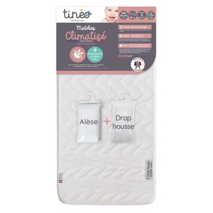 Tineo - Matelas bébé évolutif 2 faces (60x120 cm) - Hiver/Été - Cœur mousse polyuréthane - Inclut drap-housse et alèse - Fabriqué en France