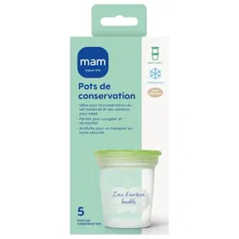MAM Pots de conservation pour lait maternel et aliments bébé, 120 ml, lot de 5, gradués et stérilisables, compatibles tire-lait MAM