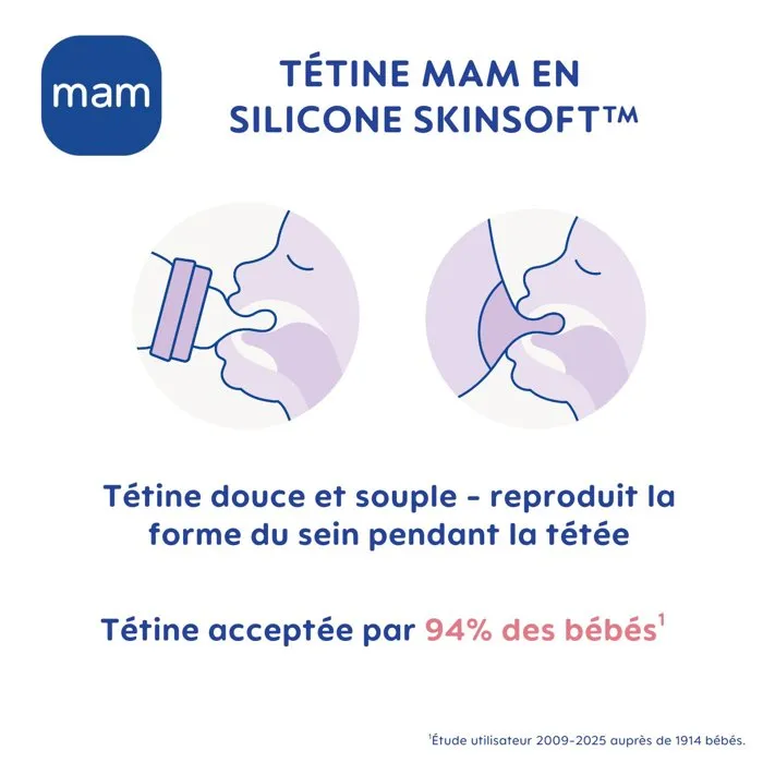 MAM Lot de 2 tétines en silicone débit lent 1 pour biberon, tétine anatomique +0 mois, pour une tétée naturelle
