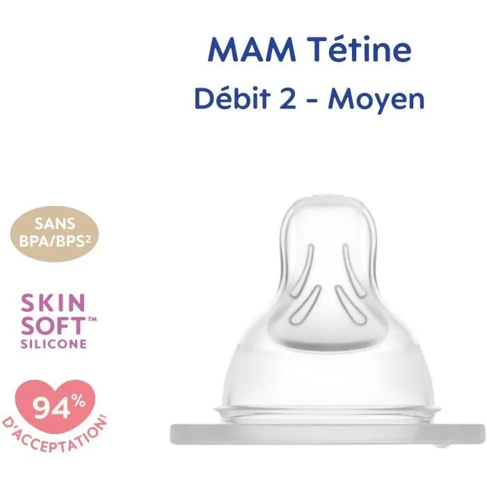 MAM Lot de 2 tétines en silicone anatomique 2+ mois, débit moyen, pour allaitement mixte et sein MAM Lot de 2 tétines en silicone anatomique 2+ mois, débit moyen, pour allaitement mixte et sein