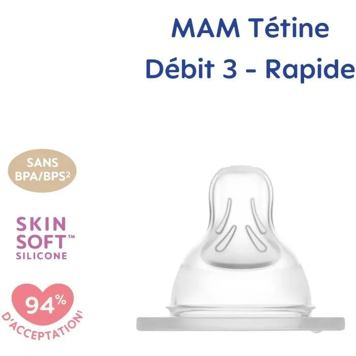 MAM Tétine Anatomique en Silicone Débit Rapide 3 - Lot de 2