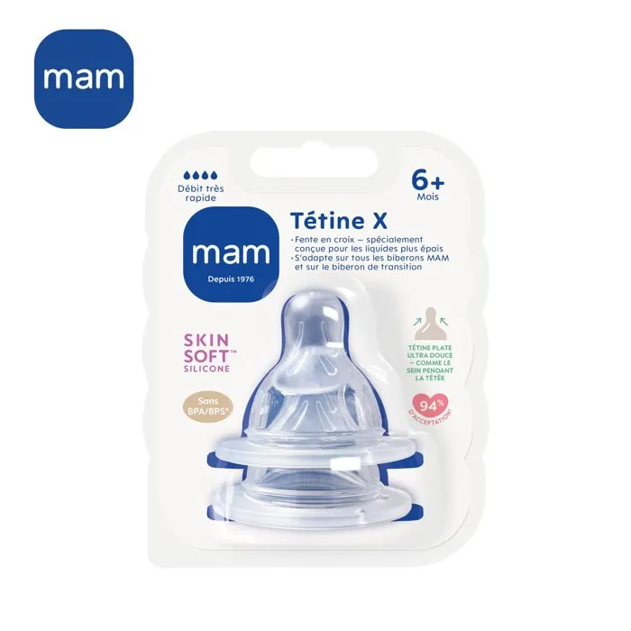 MAM Lot de 2 Tétines en Silicone Débit X Ultra Rapide - Forme de sein, large et souple