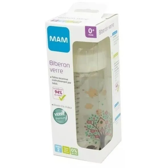 MAM Biberon en Verre Hérisson Blanc 260 ml pour Bébé de 0 à 6 Mois - Tétine Débit Moyen - Facile à Nettoyer MAM Biberon en Verre Hérisson Blanc 260 ml pour Bébé de 0 à 6 Mois - Tétine Débit Moyen - Facile à Nettoyer