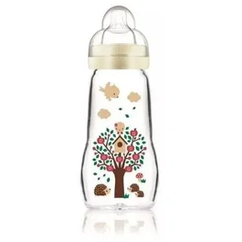 MAM Biberon en Verre Hérisson Blanc 260 ml pour Bébé de 0 à 6 Mois - Tétine Débit Moyen - Facile à Nettoyer