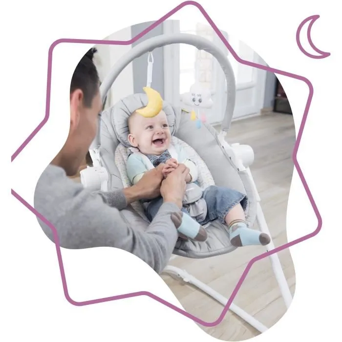 Badabulle Transat Compact'up en altura - Candy, Pliage facile, Hauteur réglable, Dossier inclinable, Fonction balancelle, Jouet amovible