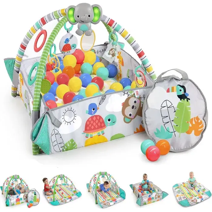 Bright Starts Tapis d'éveil bébé parc à balles Tropical avec 40 balles, 7 jouets détachables, 5 modes de jeu et coussin Bright Starts Tapis d'éveil bébé parc à balles Tropical avec 40 balles, 7 jouets détachables, 5 modes de jeu et coussin
