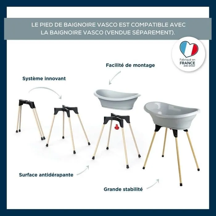 Thermobaby VASCO Pieds de baignoire en bois français pour rehausser la baignoire, système breveté, compatible tuyau