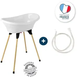 Thermobaby VASCO Blanc Muguet - Baignoire bébé 3 en 1 avec support et tuyau de vidange pour un bain confortable et rangement facile