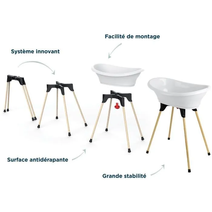 Thermobaby VASCO Blanc Muguet - Baignoire bébé 3 en 1 avec support et tuyau de vidange pour un bain confortable et rangement facile