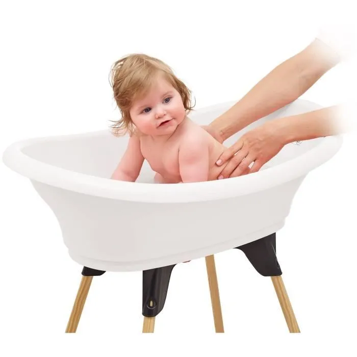 Thermobaby VASCO Blanc Muguet - Baignoire bébé 3 en 1 avec support et tuyau de vidange pour un bain confortable et rangement facile