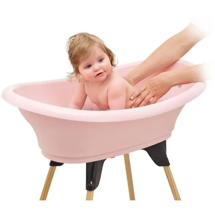 Thermobaby Kit Baignoire Bébé VASCO 3 en 1 Rose Poudré avec Pieds et Tuyau de Vidange, Baignoire Élevée et Pliante