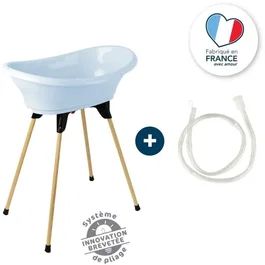 Thermobaby VASCO Baignoire bébé 3 en 1 avec support et vidange - Kit de bain Fleur Bleue - 800x500x270 mm - Bleu