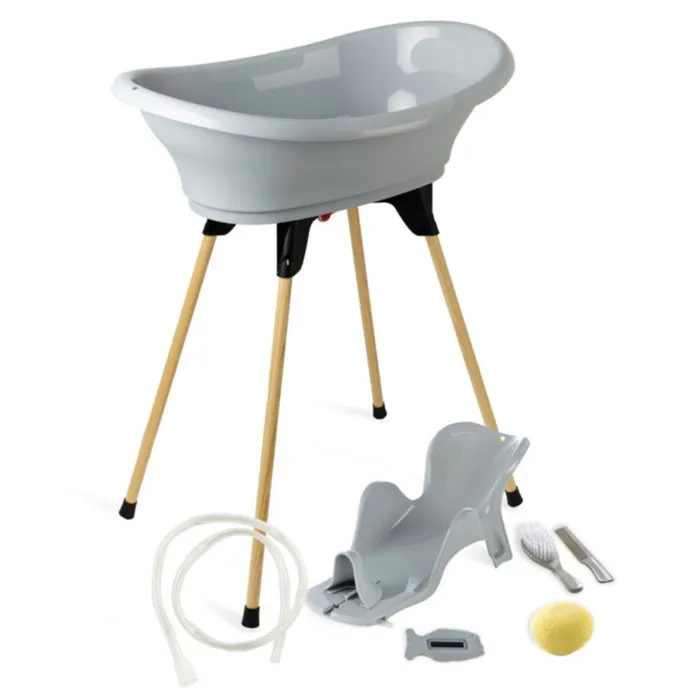 Thermobaby Pack baignoire Vasco 7 en 1 - Baignoire avec pied et vidange, transat Babycoon, thermomètre, éponge, brosse et peigne - Gris Charme Thermobaby Pack baignoire Vasco 7 en 1 - Baignoire avec pied et vidange, transat Babycoon, thermomètre, éponge, brosse et peigne - Gris Charme