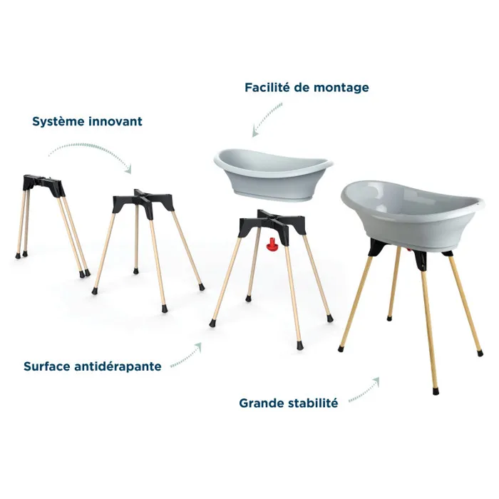 Thermobaby Pack Baignoire Vasco 5 en 1 Gris Charme avec Transat Babycoon et Thermomètre - Baignoire Évolutive Bébé Fabriquée en France