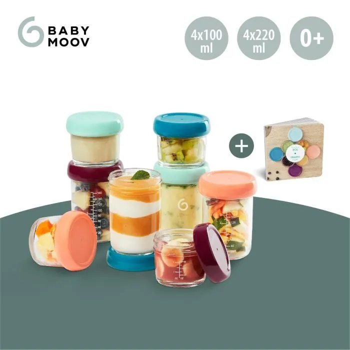 Babymoov Babybols Lot de 8 Pots de Conservation en Verre 120 ml et 240 ml Hermétiques avec Livre de Recettes Bio