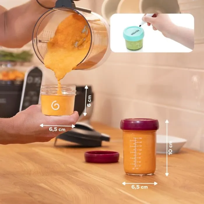 Babymoov Babybols Lot de 8 Pots de Conservation en Verre 120 ml et 240 ml Hermétiques avec Livre de Recettes Bio