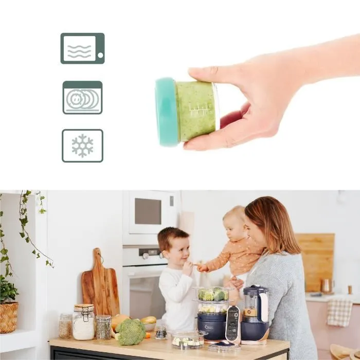 Babymoov Babybols Lot de 8 Pots de Conservation en Verre 120 ml et 240 ml Hermétiques avec Livre de Recettes Bio