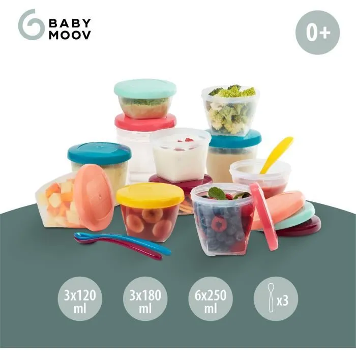 Babymoov Babybols Kit XXL MultiSet - 12 pots de conservation + 3 cuillères souples pour bébés - Hermétique et transparent