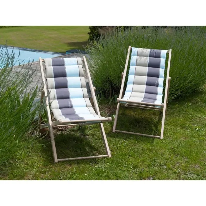 Jardin Privé J'adore Chilienne Matelassée Réversible avec Structure en Hêtre, Assise Inclinable, Polycoton Rayé Gris-Bleu/Ardoise Jardin Privé J'adore Chilienne Matelassée Réversible avec Structure en Hêtre, Assise Inclinable, Polycoton Rayé Gris-Bleu/Ardoise