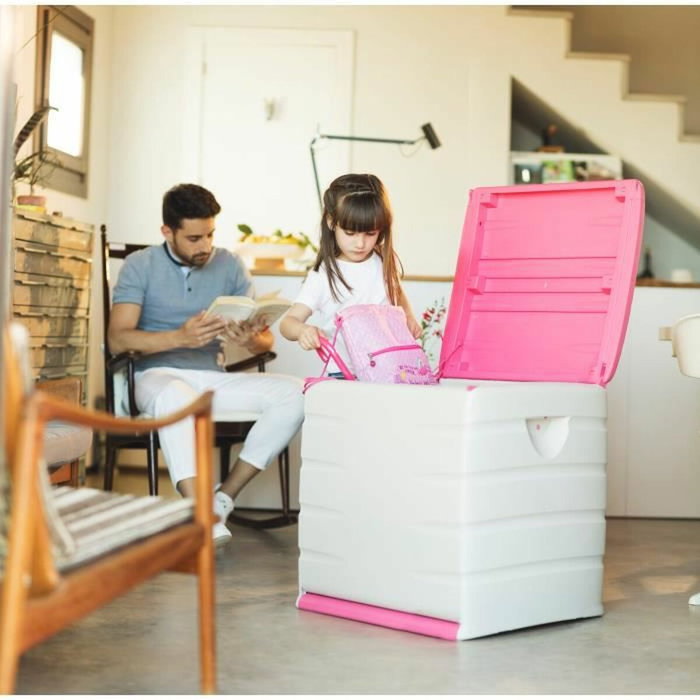 Plastiken Coffre de rangement Space Saver 190 L avec roulettes, beige et fuchsia