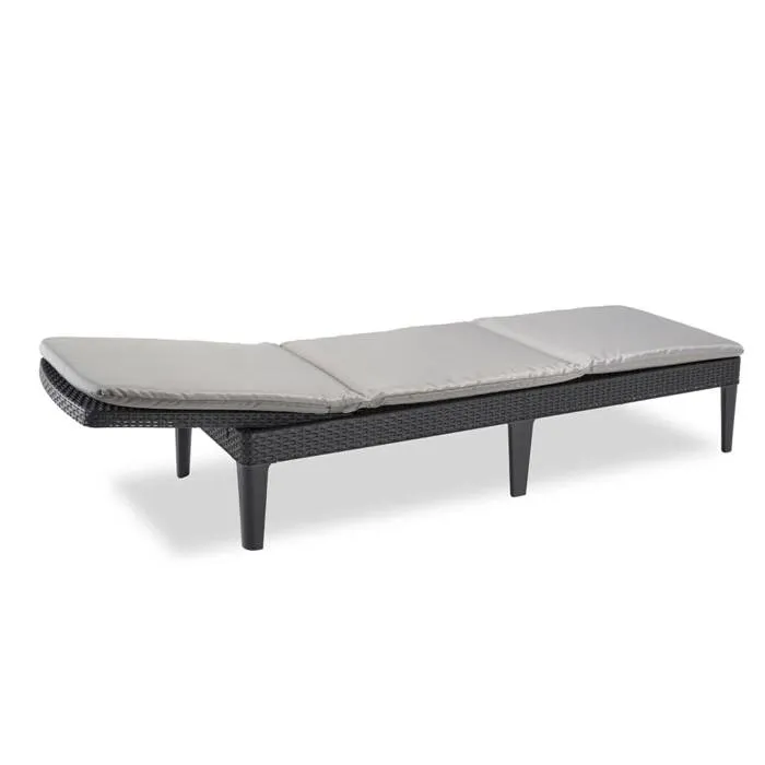 KETER Allibert Chaise Longue Bain de Soleil Jaipur en Résine Imitation Rotin Tressé Gris Graphite, Dossier Réglable 4 Positions avec Coussin (187 x 58 cm)